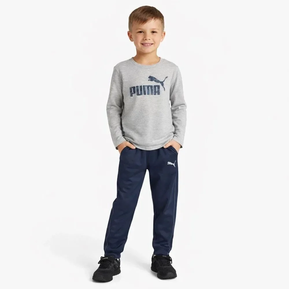 Puma Boys Size 7 Athletic Set Gray Logo Shirt Navy Jogger Pants Kids Outfit